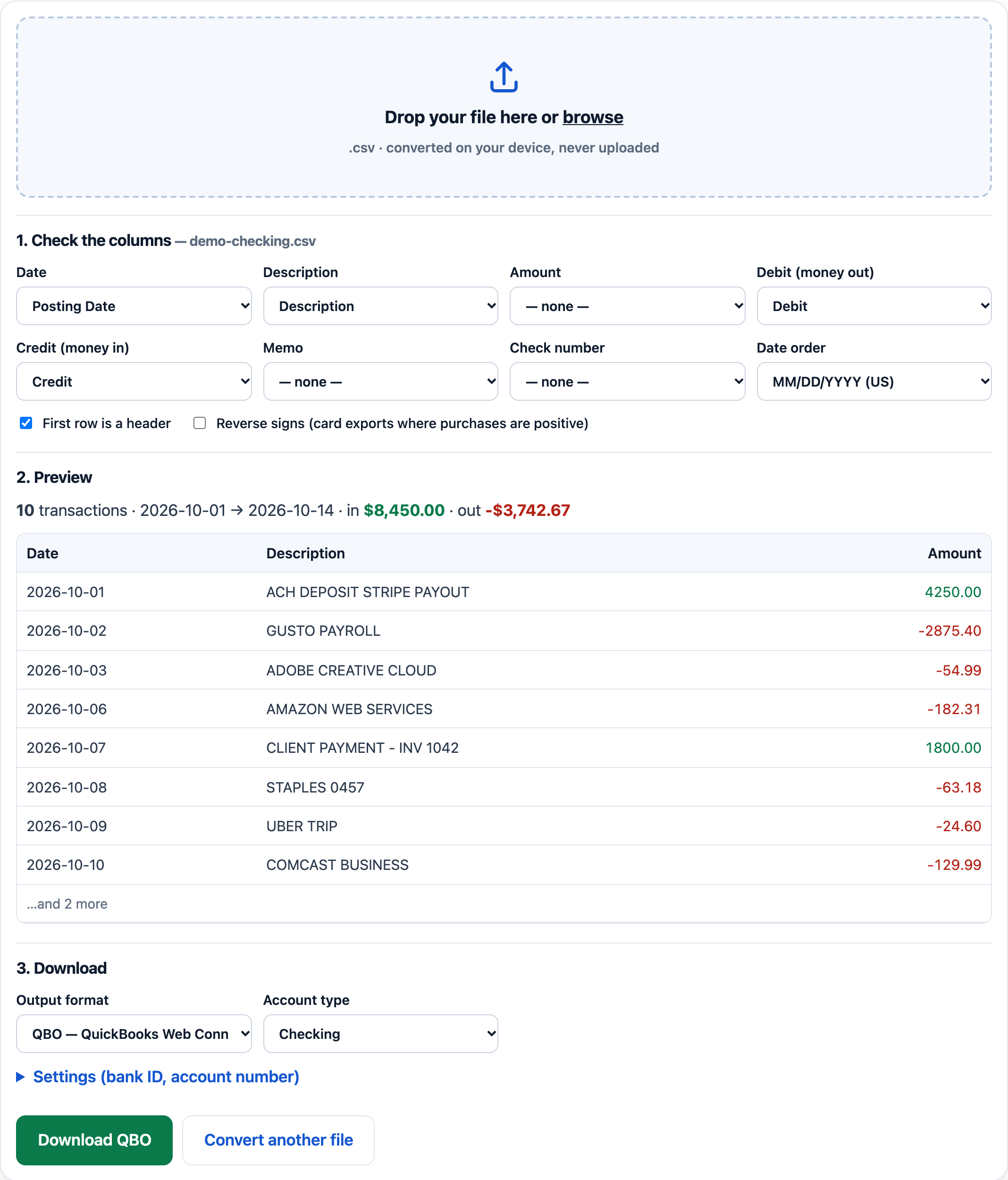 Converter preview with detected columns and the Download QBO button