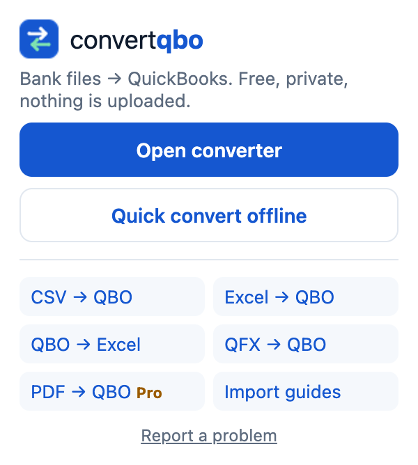 The ConvertQBO popup with Open converter and Quick convert offline buttons
